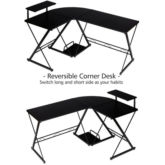 L-Shaped Desk Reversible Corner Computer Desk with Movable Shelf and CPU Stand-Black