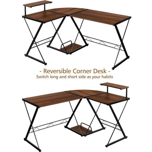 L-Shaped Desk Reversible Corner Computer Desk with Movable Shelf and CPU Stand-Walnut