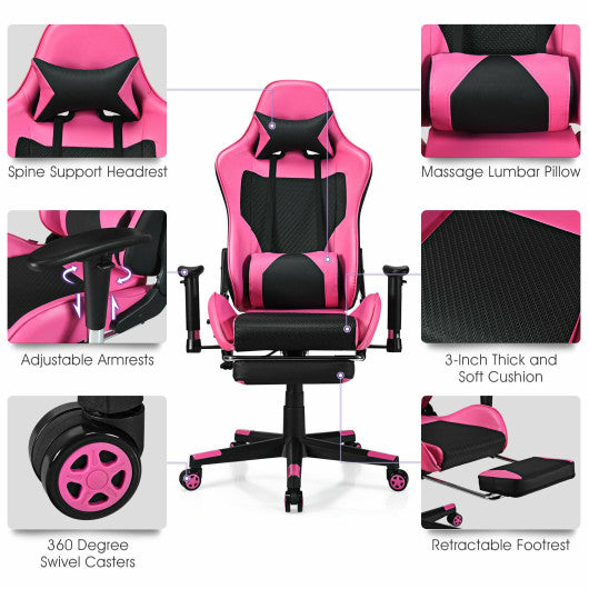 PU Leather Gaming Chair with USB Massage Lumbar Pillow and Footrest -Pink