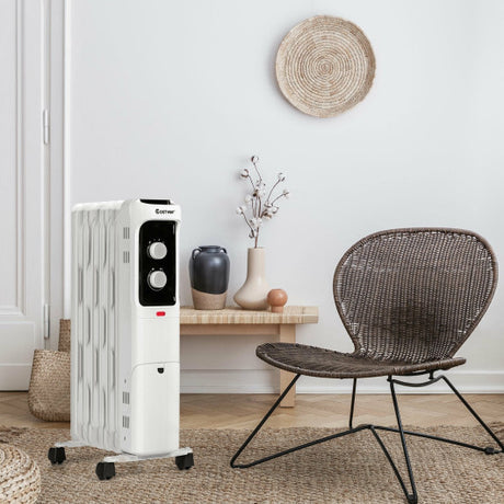 1500W Oil Filled Portable Radiator Space Heater with Adjustable Thermostat-White