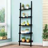 5-Tier Wall-leaning Ladder Shelf  Display Rack for Plants and Books-Black
