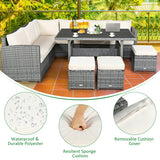 7 Pieces Patio Rattan Dining Furniture Sectional Sofa Set with Wicker Ottoman-Beige