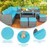 7 Pieces Patio Rattan Dining Furniture Sectional Sofa Set with Wicker Ottoman-Turquoise