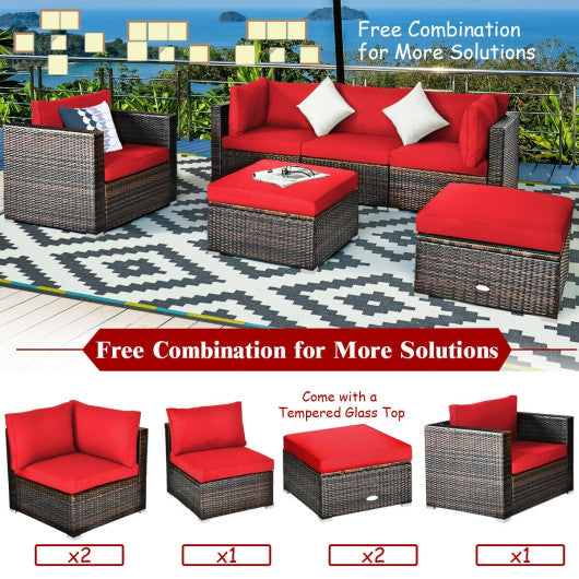 6 Pcs Patio Rattan Furniture Set with Sectional Cushion-Red