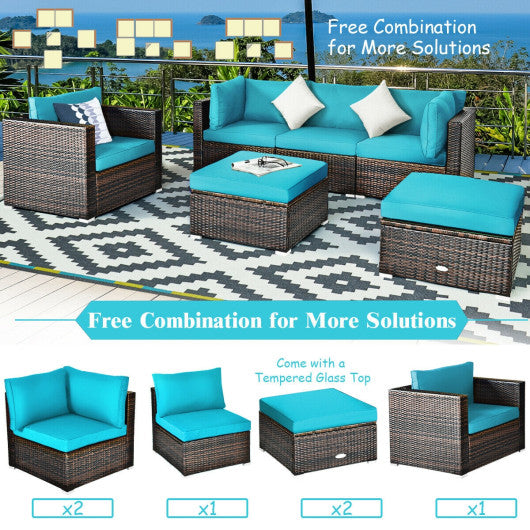 6 Pcs Patio Rattan Furniture Set with Sectional Cushion-Turquoise