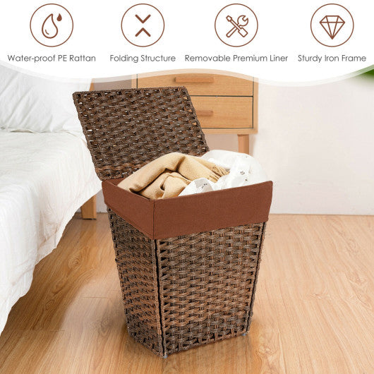 Foldable Handwoven Laundry Hamper with Removable Liner-Brown