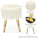 Faux Fur Vanity Stool Chair with Metal Legs for Bedroom and Living Room-White