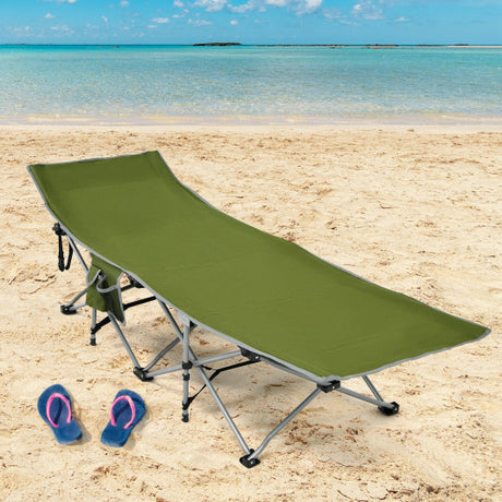 Folding Camping Cot with Side Storage Pocket Detachable Headrest-Green