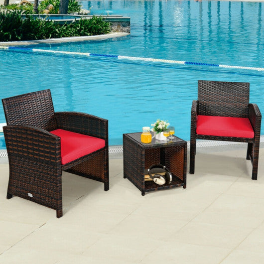 3 Pieces PE Rattan Wicker Furniture Set with Cushion Sofa Coffee Table for Garden-Red