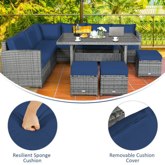 7 Pieces Patio Rattan Dining Furniture Sectional Sofa Set with Wicker Ottoman-Navy