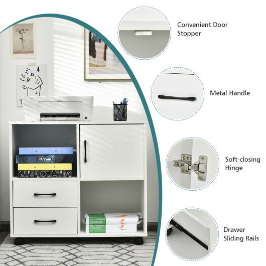 Mobile File Cabinet with Lateral Printer Stand and Storage Shelves -White