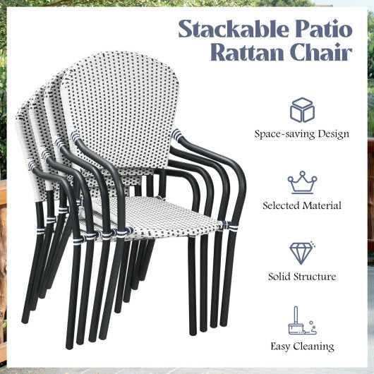 Set of 4 Patio Rattan Stackable Dining Chair with  Armrest for Garden-White