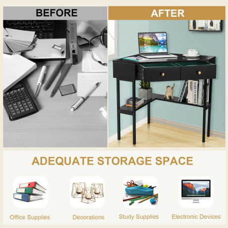 Space Saving Corner Computer Desk with 2 Large Drawers and Storage Shelf-Black