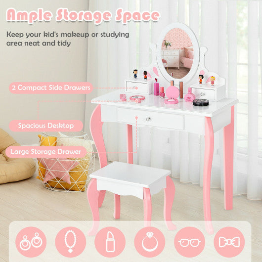 Kids Vanity Princess Makeup Dressing Table Stool Set with Mirror and Drawer-White