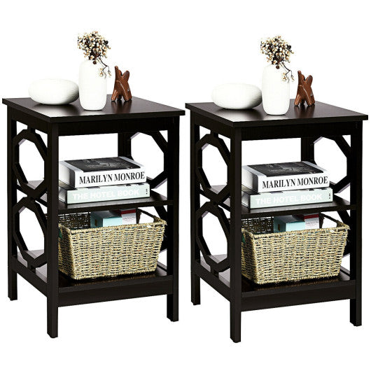 2 Pieces 3-tier Nightstand Sofa Side End Accent Table Storage Display Shelf-Espresso