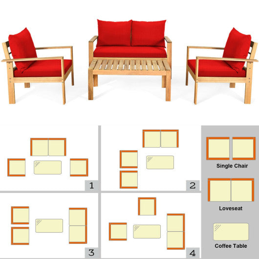 Outdoor 4 Pieces Acacia Wood Chat Set with Water Resistant Cushions-Red