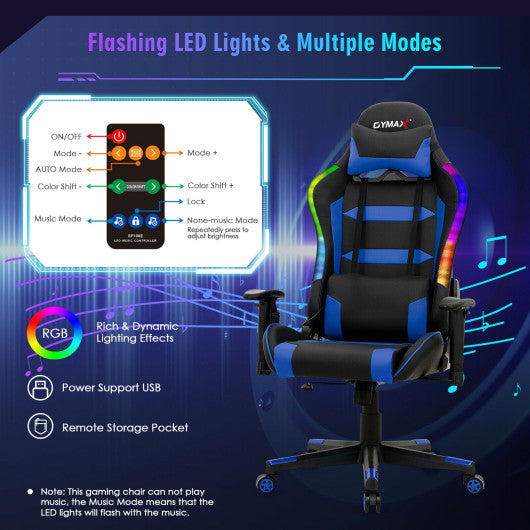 Adjustable Swivel Gaming Chair with LED Lights and Remote-Blue