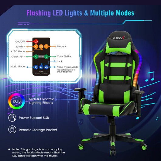 Adjustable Swivel Gaming Chair with LED Lights and Remote-Green