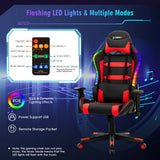 Adjustable Swivel Gaming Chair with LED Lights and Remote-Red