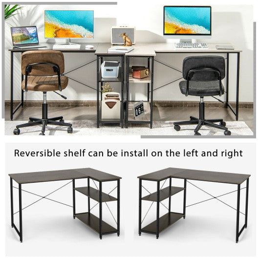 48 Inch Reversible L Shaped Computer Desk with Adjustable Shelf-Brown