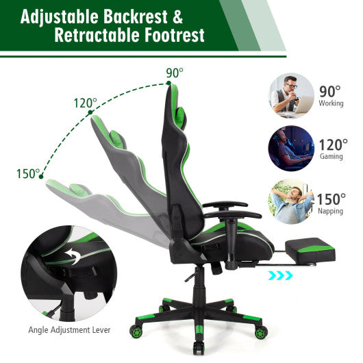 Massage LED Gaming Chair with Lumbar Support and Footrest-Green