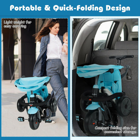 6-in-1 Foldable Baby Tricycle Toddler Stroller with Adjustable Handle-Blue