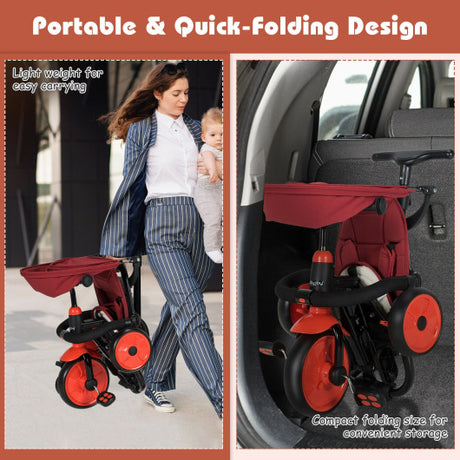 6-in-1 Foldable Baby Tricycle Toddler Stroller with Adjustable Handle-Red