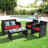 4 Pieces Rattan Patio Furniture Set with Weather Resistant Cushions and Tempered Glass Tabletop-Red