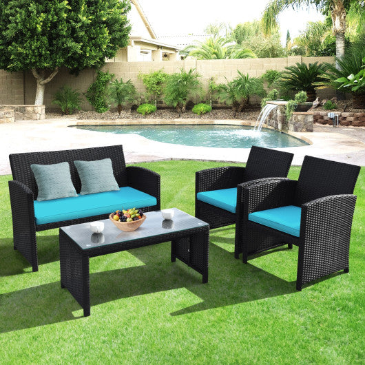 4 Pieces Rattan Patio Furniture Set with Weather Resistant Cushions and Tempered Glass Tabletop-Turquoise