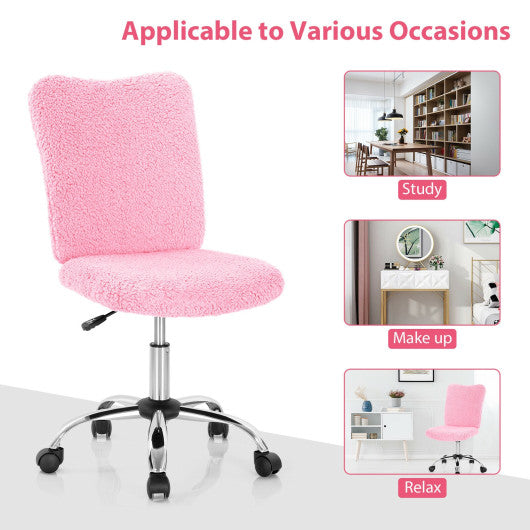 Armless Faux Fur Leisure Office Chair with Adjustable Swivel-Pink