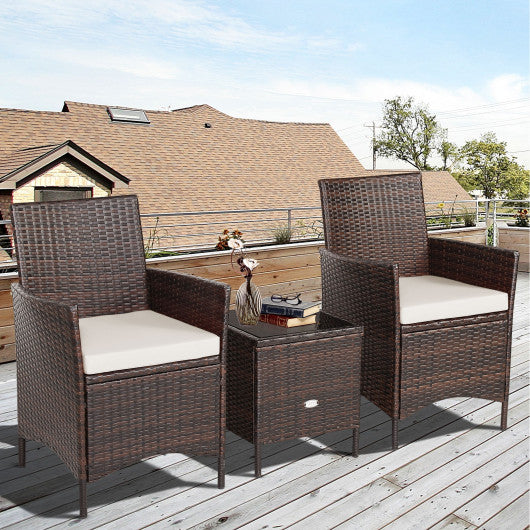 3 Pieces Patio Rattan Furniture Set Cushioned Sofa and Glass Tabletop Deck-White