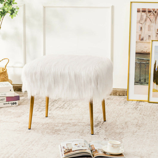 Faux Fur Vanity Stool with Golden Metal Legs for Makeup Room-White