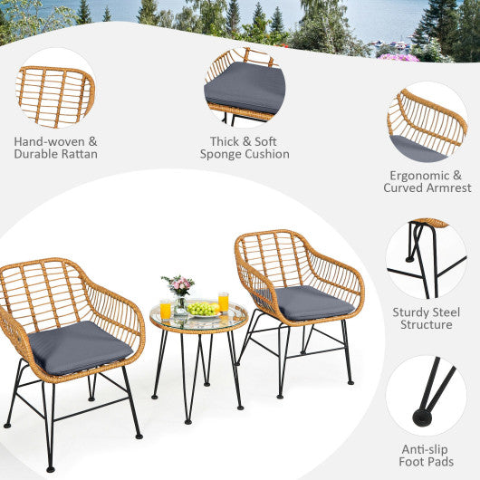 3 Pieces Rattan Furniture Set with Cushioned Chair Table-Gray