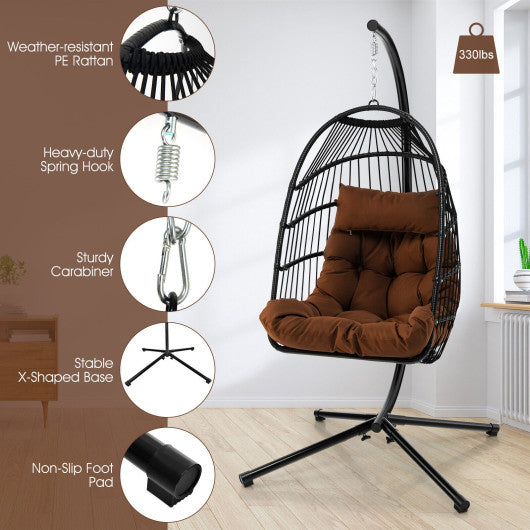 Patio Hanging Egg Chair with Stand Waterproof Cover and Folding Basket-Brown