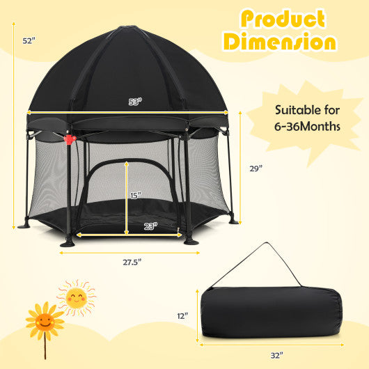 53 Inch Outdoor Baby Playpen with Canopy and Carrying Bag Portable Play Yard Toddlers-Black