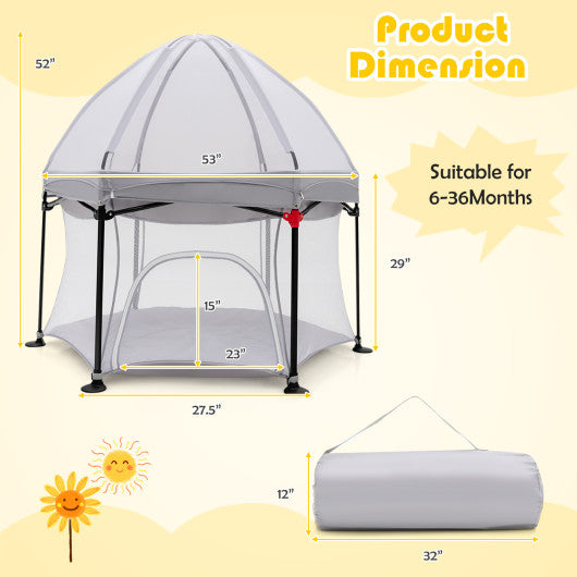 53 Inch Outdoor Baby Playpen with Canopy and Carrying Bag Portable Play Yard Toddlers-Gray