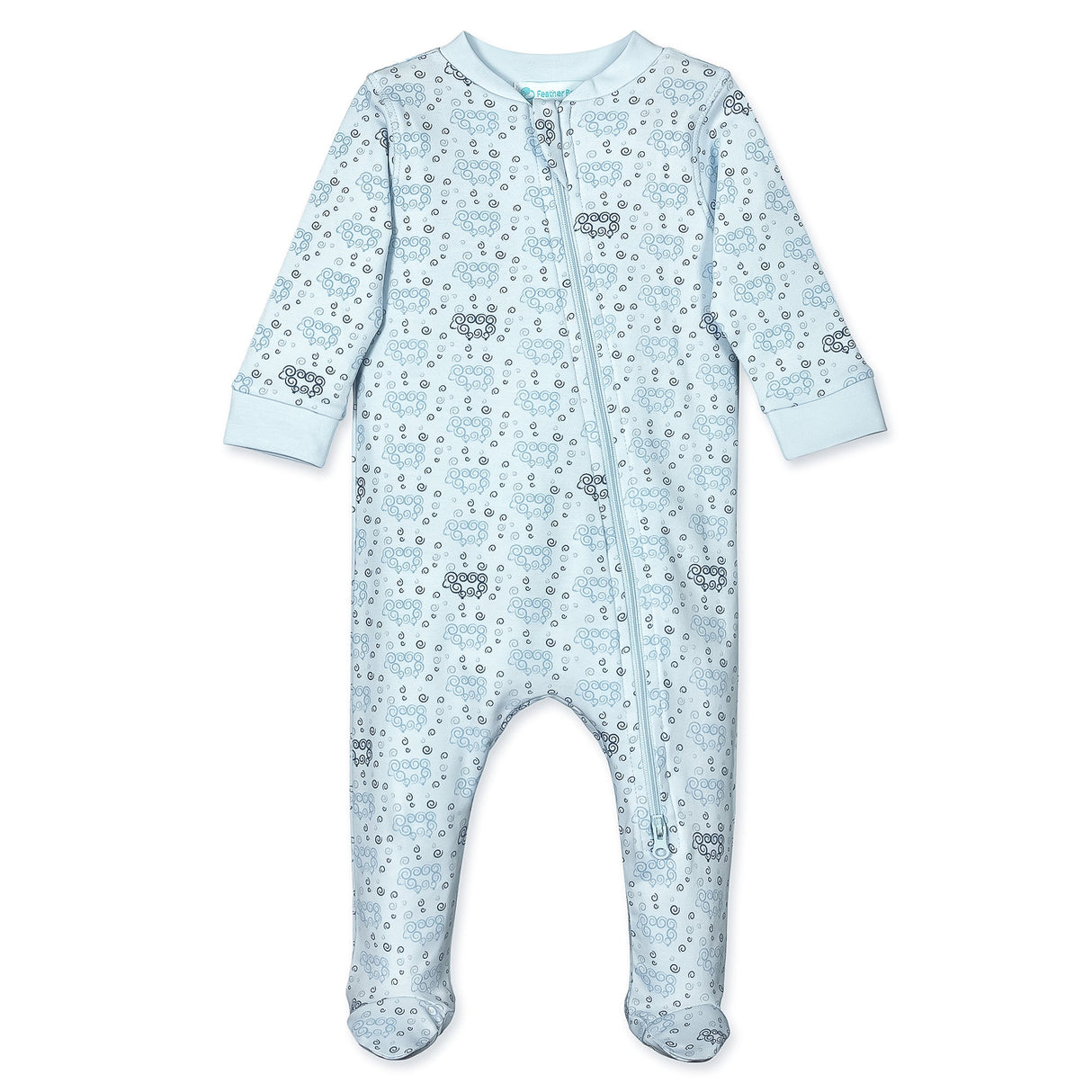 Zipper Footie - Curly Sheep on Baby Blue  100% Pima Cotton by Feather Baby