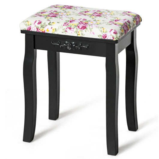 Vanity Wood Dressing Stool Padded Piano Seat with Rose Cushion-Black