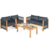 4 Pieces Acacia Wood Outdoor Patio Furniture Set with Cushions-Gray