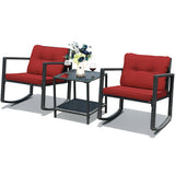 3 Pcs Wicker Rocking Bistro Set with Glass Coffee Table and Storage Shelf-Red