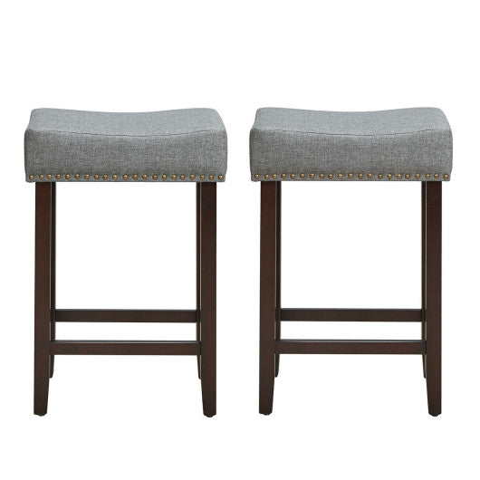2 Pieces Nailhead Saddle Bar Stools with Fabric Seat and Wood Legs-Gray