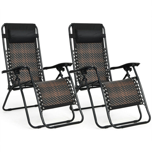 2 Pieces Folding Patio Rattan Zero Gravity Lounge Chair-Brown