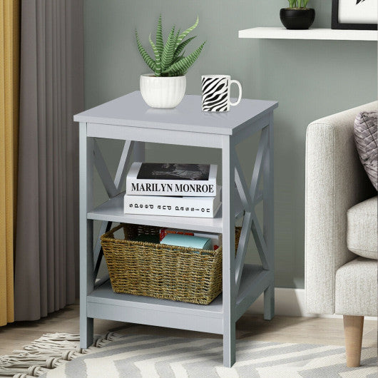 3-Tier Nightstand End Table with X Design Storage -Gray