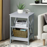 3-Tier Nightstand End Table with X Design Storage -Gray