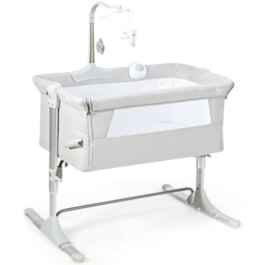 Height Adjustable Baby Side Crib  with Music Box & Toys-Light Gray