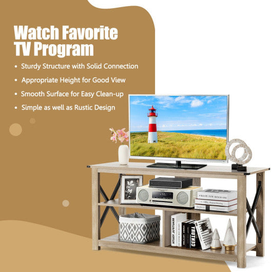 3 Tier Wood TV Stand for 55-Inch with Open Shelves and X-Shaped Frame-Gray