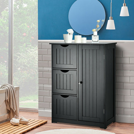 Bathroom Floor Cabinet Side Storage Cabinet with 3 Drawers and 1 Cupboard-Black