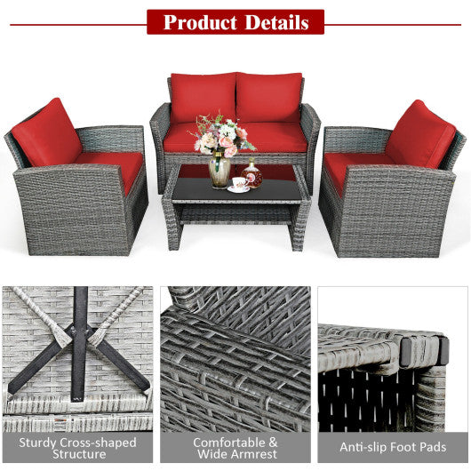 4 Pieces Patio Rattan Furniture Set Sofa Table with Storage Shelf Cushion-Red