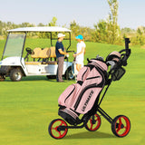 Folding 3 Wheels Golf Push Cart with Brake Scoreboard Adjustable Handle-Red