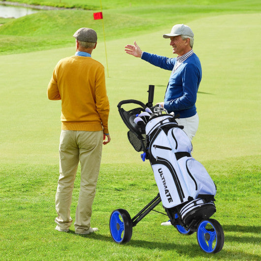 Folding 3 Wheels Golf Push Cart with Brake Scoreboard Adjustable Handle-Blue